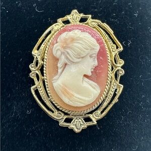 Vintage Elegant Gold Tone and Pink Cameo Lady Brooch